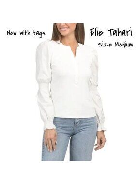 Elie Tahari Women's Sky White Long Puff Sleeve Henley Top Size Medium - New NWT
